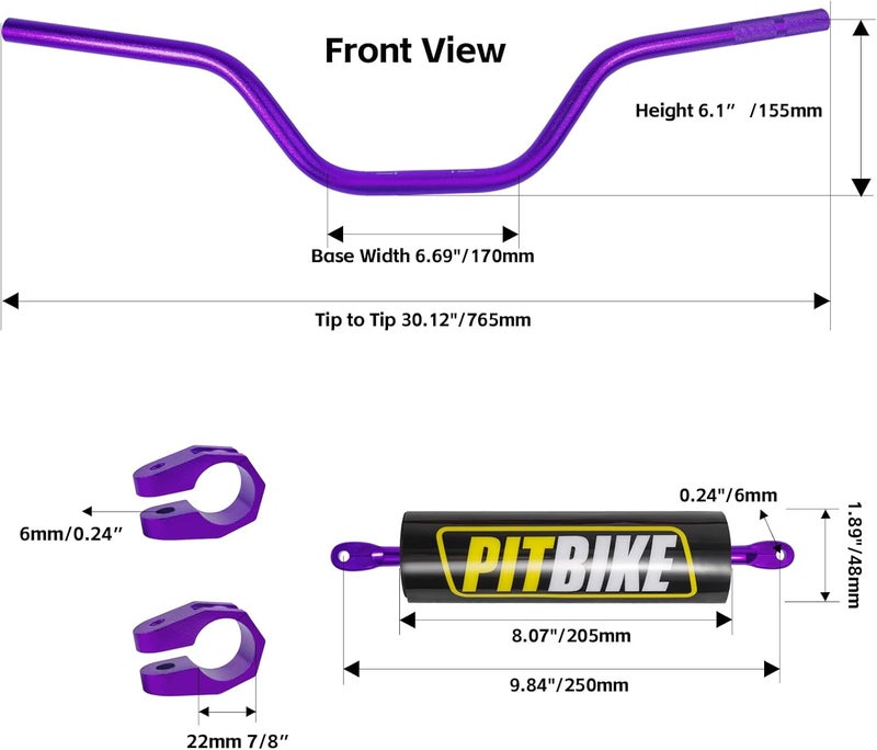 DAYIMADE 7/8" Pit Bike Handlebars with Foam Pad – Motorcycle Handlebars for CRF YZF KXF KLX RMZ DRZ Dirt Bikes, ATV, Quad, E-Bike Mods,T6 Aluminum 7/8 Motorcycle Handlebar Upgrade (Purple) - Image 4
